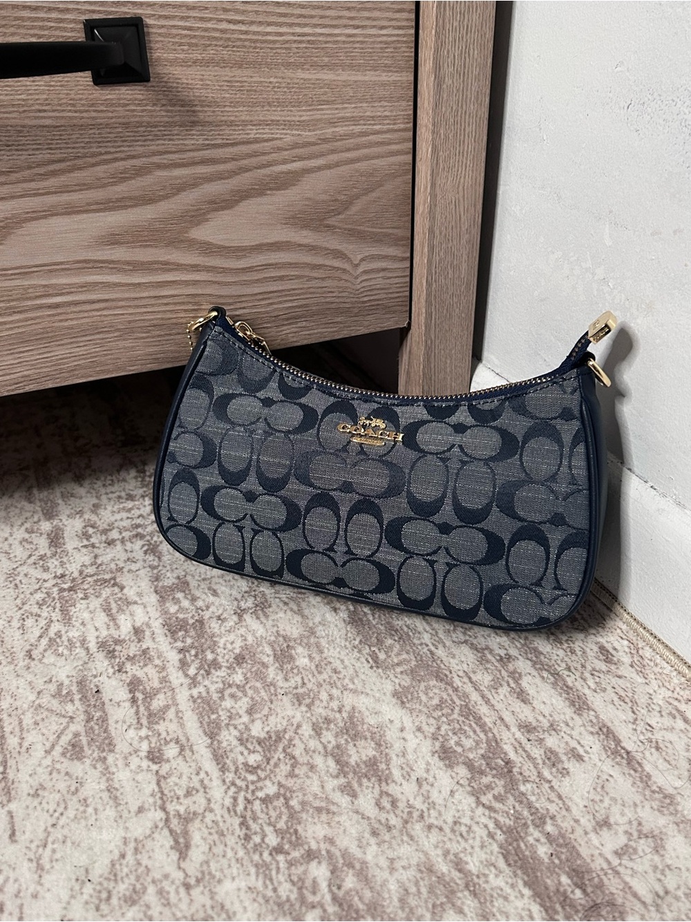Coach Small Signature Jacquard Mini Shoulder Bag in Navy